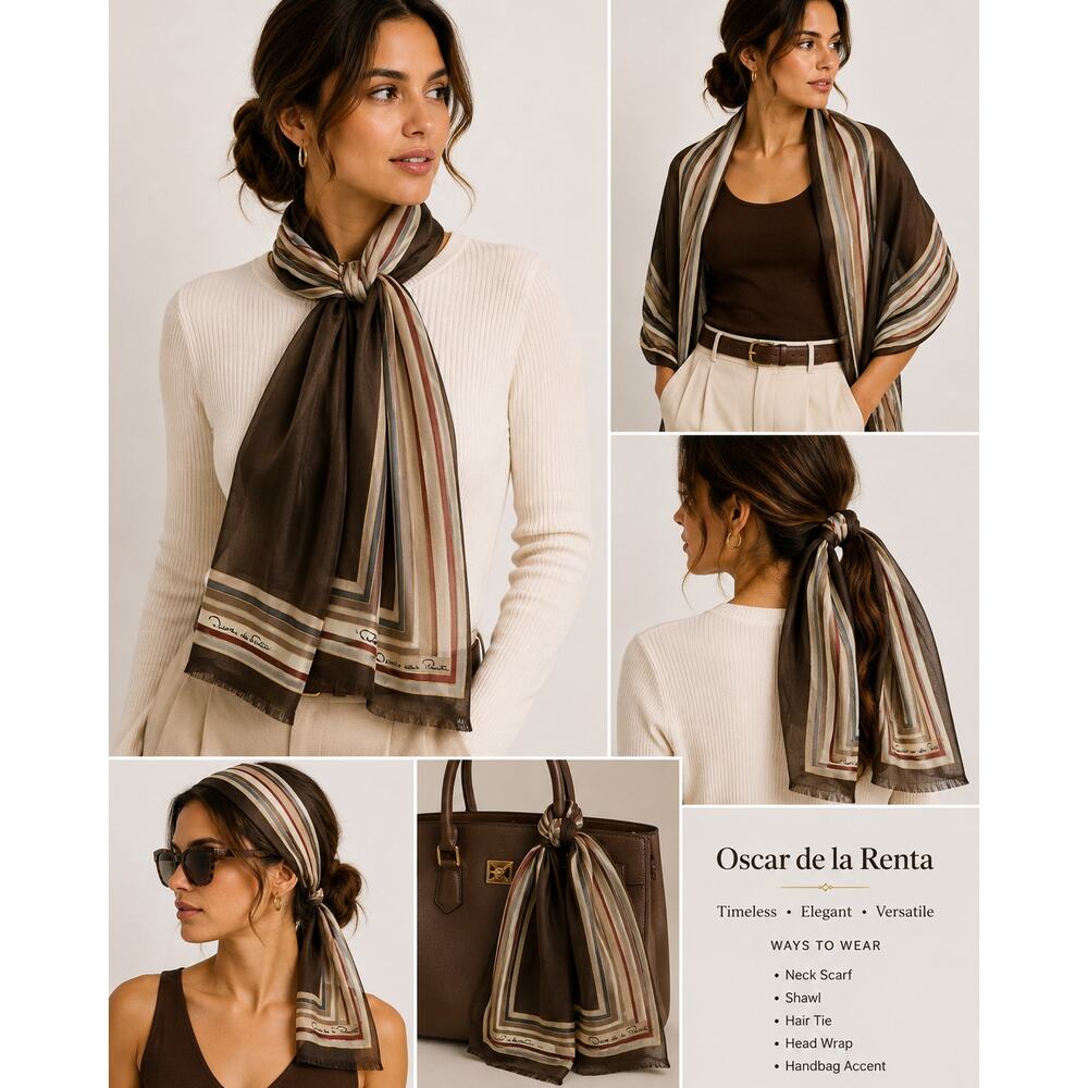 Vintage Oscar de la Renta Sheer Striped Scarf Brown Cream Oblong Designer Scarf